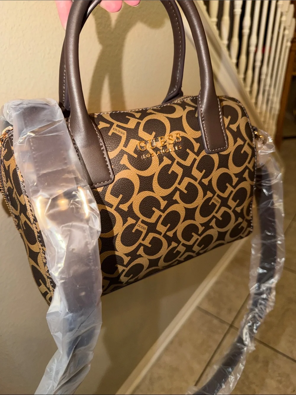 NWT GUESS Brown Logo-Print Satchel with Dark Brown Trim
